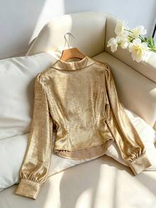 Franclia 优雅收腰交叉领长袖侧隐形拉链天鹅绒金色面料女式衬衫，秋冬 - 金色 - 查看 2