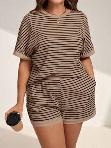 EMERY ROSE 2pcs Striped Batwing Sleeve Top And Shorts Set, Casual And Minimalist, Plus Size, For Summer - Multicolor - View 5