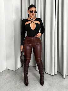 Sirith Camiseta ajustada con diseño cruzado y hueco de moda sexy para mujer - Negro - Ver 5