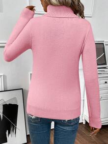 EMERY ROSE Women's Solid Color Turtleneck Long Sleeve Fitted Knit Sweater - Pink - View 2
