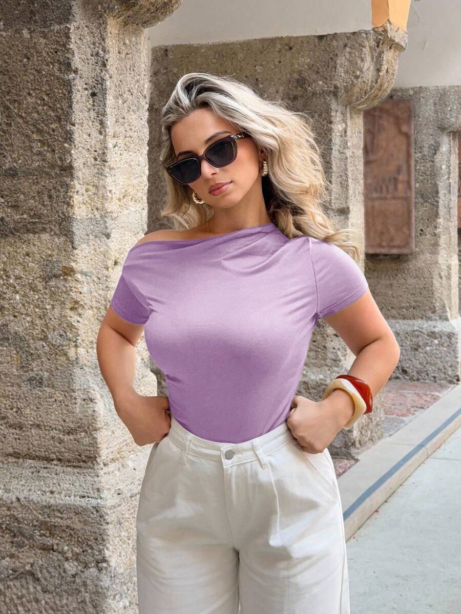 Jeta Ari Women Solid Color Simple Daily Oblique Shoulder Pleated T-Shirt - Purple - View 1