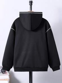 青少年男童休闲街头风白色撞色拼接设计卫衣T恤，带前置口袋，时尚百搭，适合秋冬季外穿，可与T恤、牛仔裤叠穿。 - 黑色 - 查看 2