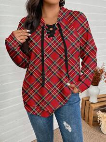 SHEIN LUNE Sudadera con capucha de manga larga de corte holgado con estampado a cuadros navideño para mujer talla grande, rojo para fiesta de Año Nuevo, top rojo, invierno para mujer, invierno para mujer, Año Nuevo, para Año Nuevo, mujer de Año Nuevo, a cuadros - Multicolor - Ver 6