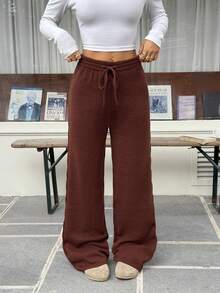 SHEIN EZwear Women's Autumn/Winter New Brown Cable Knit High Waist Loose Pants - Coffee Brown - View 3