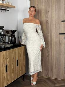 Bethéva Vestido ajustado de encaje de flores de malla con hombros descubiertos, estilo vintage elegante de punto jacquard para mujer. Atuendo casual para vacaciones, fiestas, verano. Vestido blanco de verano para mujer. Vestido de fiesta, cumpleaños, boda, Pascua, primavera. - Albaricoque - Ver 4