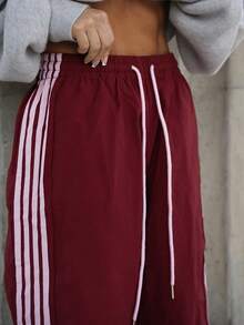 SAYEHFBABY Women's Elastic Waist Casual Loose Striped Sports Pants,Fall - Burgundy - View 5
