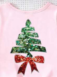 1pc Baby Girl Unisex 0-3Y Christmas Pattern Casual Pink Short Sleeve Crew Neck T-Shirt, Suitable For Christmas Outings, Home Activities, Daily Casual Wear, Christmas Pink Crew Neck T-Shirt - Pink - View 4