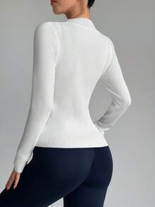 SHEIN Dewbera 女士纯色简约日常长袖修身立领毛衣 - 白色 - 查看 2