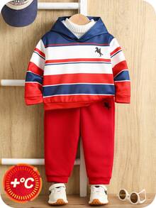 SHEIN 2pcs/Set Baby Boy/Girl Casual Cute Versatile Red & Blue Striped Hoodie Sweatshirt And Jogger Pants Tracksuit, Unisex Baby Clothes, Baby Winter Clothes - Multicolor - View 5