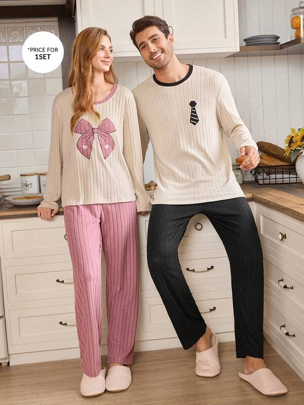 Manfinity CoupledUp Men's Contrast Color Patchwork Bow Embroidered Casual Comfortable Waffle Knit Pajama Set