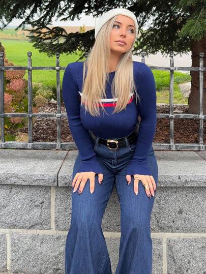 Jeta Ari Long Sleeve Ribbed Knit Sweater Spring Casual Y2k 90's Stripe Airport Holiday Fall Back To School Autumn Winter Everyday Christmas Work Office Fall