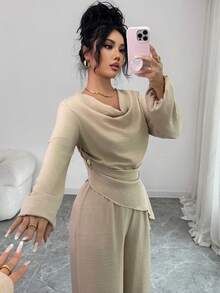 Elenzga 25+ 款女士优雅荷叶边肩部长袖收腰卡其色褶裥细节常规长度卡其色上衣和裤子套装，适合派对和冬季穿着 - 杏色 - 查看 6