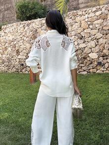 Ronhire Women's Solid Color Patchwork Lace Loose Shirt And Wide Leg Pants Set, Spring/Summer/Autumn - White - View 2