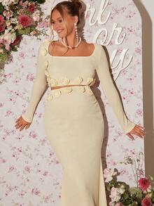 Loomaby Conjunto elegante de 2 piezas con top corto de manga larga con decoración floral 3D y falda midi con dobladillo de cola de sirena, unicolor para maternidad - Caqui - Ver 7