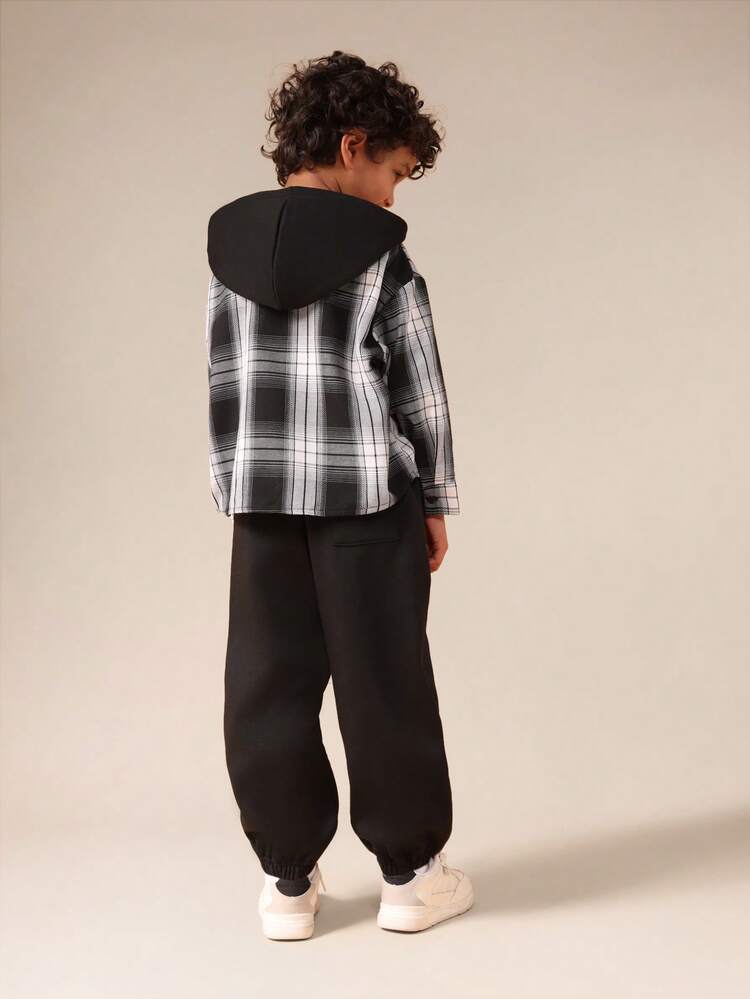 Plaid Hooded Shirt With Black Joggers Set