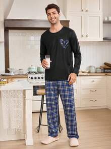 CoupledUp 心形格纹极简休闲长袖上衣和长裤男士睡衣套装，冬季服装 - 黑色 - 查看 2