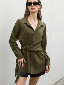 Aveloria Modichic Áo kiểu Pháp cổ điển màu trơn sang trọng thanh lịch, tay dài buộc eo bất đối xứng, áo thun cao cấp, thoải mái, đa năng, phù hợp với mọi mùa - màu xanh lá - Xem 6