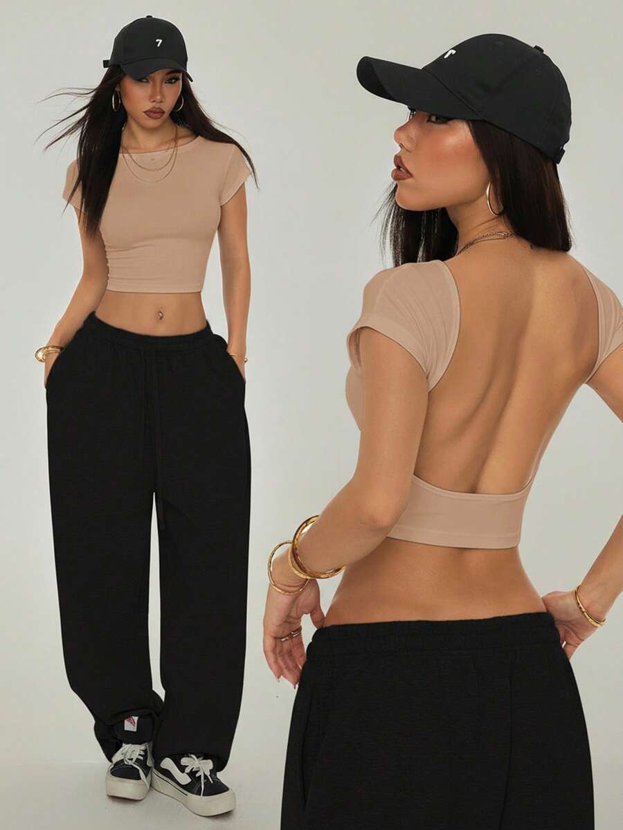 SHEIN PETITE 小号黑色露背T恤，适合夏季穿着 - 卡其色 - 查看 1