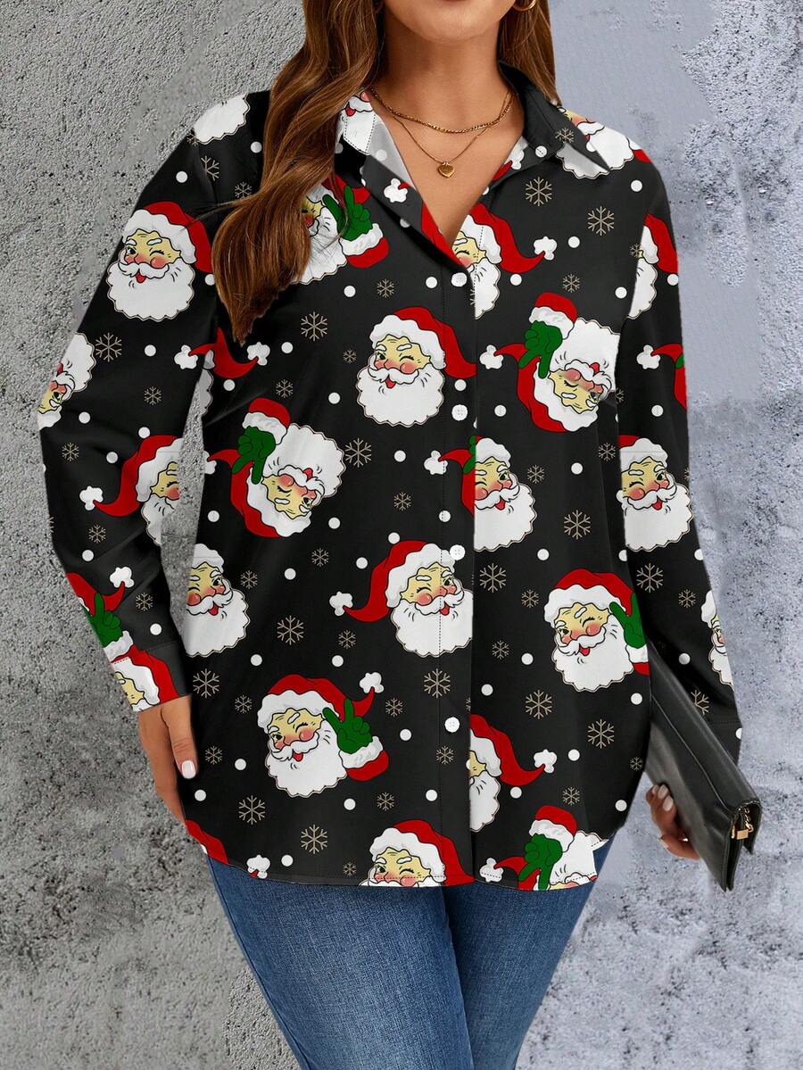 EMERY ROSE Plus Size Women's Casual Long Sleeve Collared Button-Up Shirt, Suitable For Work, Christmas, Autumn/Winter New Year Party - Multicolor - View 1