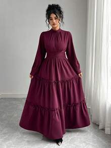 Roveilla 大码女士优雅浪漫褶皱荷叶边收腰长裙，紫色连衣裙，端庄优雅大码连衣裙，酒红色大码连衣裙，酒红色大码冬季连衣裙，曲线优雅连衣裙，大码荷叶边连衣裙，酒红色大码女装 - 紫色 - 查看 4