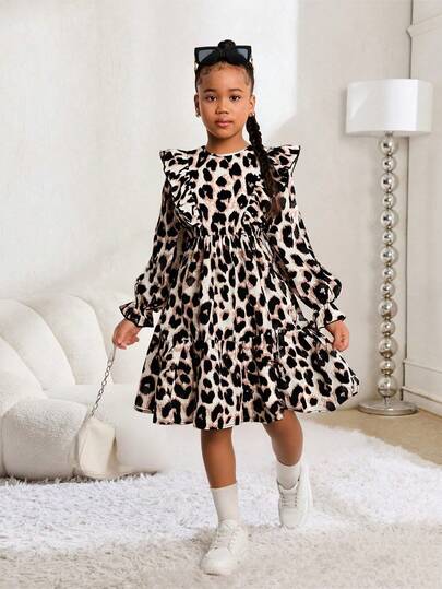 SHEIN Tween Girl Leopard Print Ruffle Trim Ruffle Sleeve Dress, Suitable For Spring/Summer/Autumn Casual, Daily Wear And School, Great For Mother-Daughter Or Sister Matching