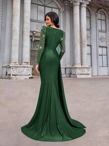 Aureia 优雅奢华亮片刺绣拼接弹力针织面料圆领褶皱薄纱长袖修身鱼尾高开衩连衣裙，适合单身派对、约会、舞会、生日、婚礼、正式场合、情人节等场合。 - 墨綠色 - 查看 2