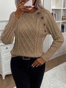 SHEIN LUNE Women's Casual Everyday Commute Simple Versatile Solid Color Button Decor Cable Knit Sweater, Autumn/Winter - Mocha Brown - View 5
