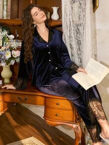 Côtesoire Elegant French Collar Velvet & Lace Patchwork Long Sleeve Women Lace Pajama Set Sleepwear Navy Blue Sleep Wear Women Silk, Fall & Winter Clothes - Navy Blue - View 3