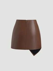 Sweetra Fashionable High-End Design Asymmetrical Pleated Bodycon Mini Skirt, Slimming, Brown, Suitable For New Year Party, Autumn/Winter - Brown - View 2