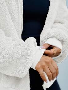 SAYEHFBABY 休闲简约英文字母刺绣贴片双面羊毛拉链连帽衫，适合秋冬季 - 彩色 - 查看 3