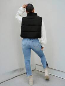 SAYEHFBABY Áo vest đệm ngắn thường ngày có khóa kéo màu trơn dành cho nữ, mùa đông - màu đen - Xem 2
