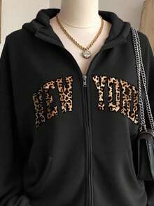 Lalippa 女士豹纹字母图案连帽拉链长袖运动衫 - 黑色 - 查看 4