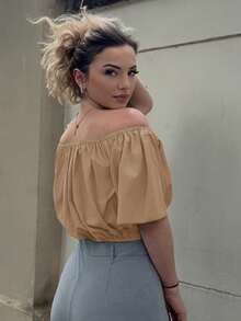 Jeta Ari Kemeja Crop Top Model V-Neck Tanpa Lengan Warna Polos, Musim Panas - Khaki - View 2