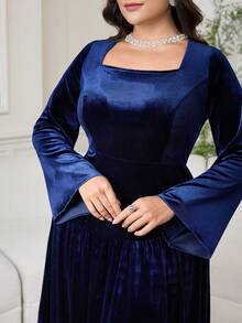 Modelyn Plus Size Women's Elegant Velvet Square Collar Flare Sleeve Asymmetrical Hem Dress, Autumn, Without Belt - Navy Blue - View 8