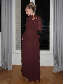 Turnttoni Váy dài tay cổ cao màu đỏ thanh lịch cho nữ, thích hợp cho buổi tối hẹn hò, dạ hội, mùa thu/đông - Cà phê nâu - Xem 6