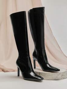 SHUZIA Women Classic Minimalist Sexy Point Toe Stiletto Heel Knee-High Boots - Black - View 3