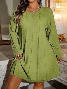 SHEIN LUNE Sukienka damska plus size, luźna, dzianinowa, z okrągłym dekoltem i długim rękawem, jesień/zima - Zielony - Zobacz 1