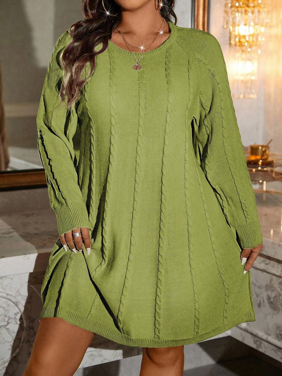 SHEIN LUNE Sukienka damska plus size, luźna, dzianinowa, z okrągłym dekoltem i długim rękawem, jesień/zima - Zielony - Zobacz 1