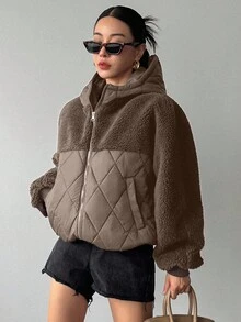 DAZY Women's Patchwork Houndstooth Short Lamb Wool Padded Coat, Autumn/Winter - Brown - View 4
