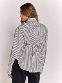 MUSERA 领带细节纽扣收腰条纹衬衫，优雅性感街头风，适合夜间外出、度假、春夏穿着。 - 黑色 - 查看 2