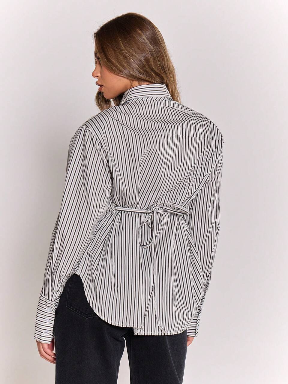 Neck Tie Detail Button Down Cinch Tie Waist Stripe Shirt Classy Sexy Streetwear Night Out Holidays Spring Summer