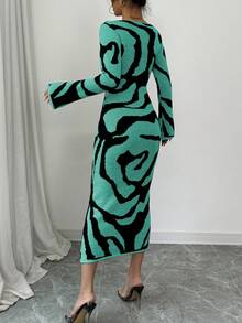 Elenzga Women's Pattern Flared Sleeve Round Neck Fitted Knit Dress - Mint Green - View 2