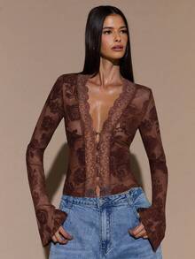 SHEIN BAE 女式黑色长袖上衣，性感深 V 领，植绒蕾丝喇叭袖，透视，简约优雅浪漫，适合秋冬季分层穿着、约会、派对 - 棕色 - 查看 4