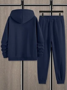 Manfinity Homme Setelan 2 potong pria motif kuda, terdiri dari hoodie dan celana training kasual, untuk musim gugur/musim dingin, dengan lapisan termal. - Navy Blue - View 2