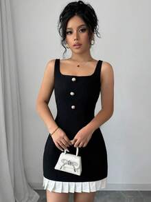 Selianne 女式黑白拼接宽肩带前扣休闲连衣裙 - 彩色 - 查看 6