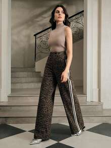 Anewsta بنطلون نسائي كاجوال فضفاض بقصة مستقيمة الساق مع شريطين وطبعة نمر عتيقة - بني - مشاهدة 7