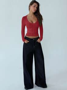 Aloruh Áo len chui đầu cổ chữ V sâu tay dài kiểu dáng mới, thiết kế tối giản, áo khoác ngoài đa năng cho mùa thu/đông - Đỏ - Xem 4