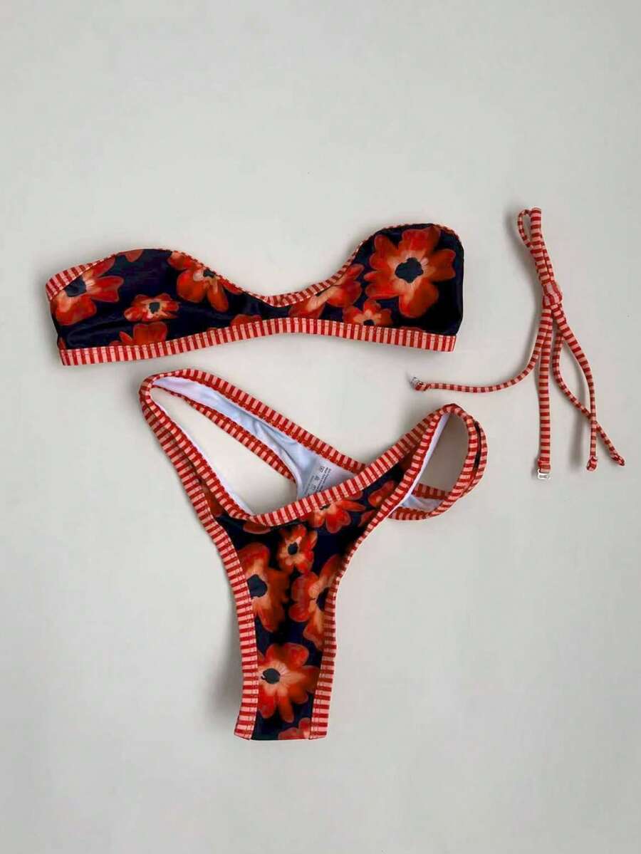 Swim Mod Bộ 2 chiếc/Bộ Bikini Ngắn Không Dây In Họa Tiết Ngẫu Nhiên Thời Trang & Dễ Thương Cho Nữ Và Quần Bơi Bikini Đáng Yêu - Nhiều màu - Xem 1