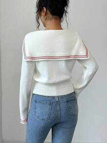 Selianne Colorblock Striped Pattern Knotted Elegant Long Sleeve Pullover Sweater - White - View 2