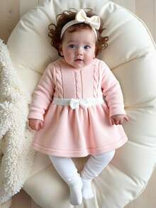 SHEIN Newborn Baby Girl Knitted Sweater Dress Set, Pink Casual Everyday Soft Girly Twist Rope Crochet Bow Decor Handmade Stylish + Knitted Pants, Comfortable For Autumn/Winter, Suitable For Home, Outings, Daycare, Newborns Winter Set Baby Girl Baby Girl Knitted Outfit Pink Warm Baby Girl Outfit Baby Set Autumn Winter Baby Winter Dress Pink Knitted Dress Baby Girl Baby Set Autumn Winter Season Pink Warm Baby Dress - Multicolor - View 4